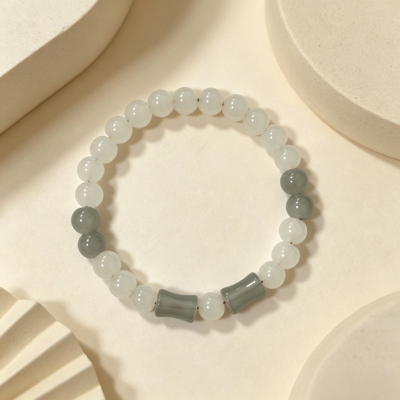 Light Gray & Milky White Color-block Beaded Bracelet, Versatile